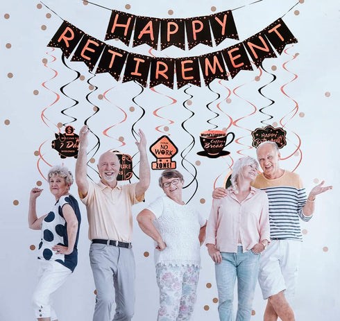 Retirement Party Decorations for Women, Black Rose Gold Happy Retirement Banner and Swirls with Rose Gold Confetti