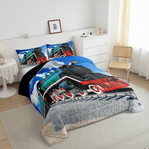 Sets 3D Set Sets 2 Erosebridal Train Comforter Full Size,Boys Steam Engine Bedding Rail Vehicles Duvet for Kids