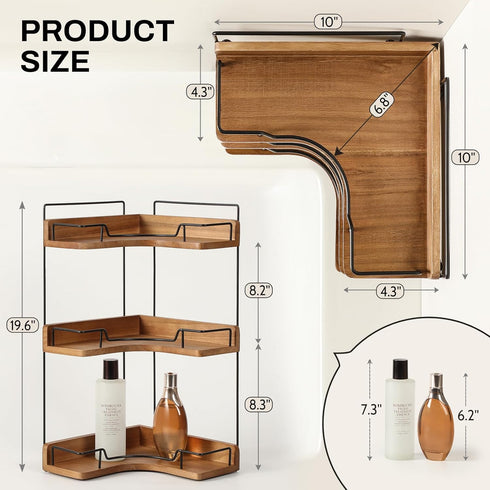 Snuvid 3-Tier Counter Countertop Bathroom Organizer, Wooden Corner Shelf for Vanity Skincare & Makeup, Storage
