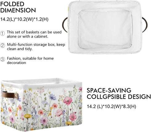 Herbal Wildflowers 1pc Storage Basket, Large Collapsible Canvas Organizer with Handle for Home Office Decor