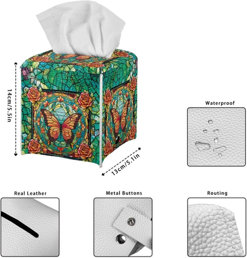 Waterproof Square Butterfly Rose Print Tissue Case Cover, Foldable Kleenex Box for Home Office, Green