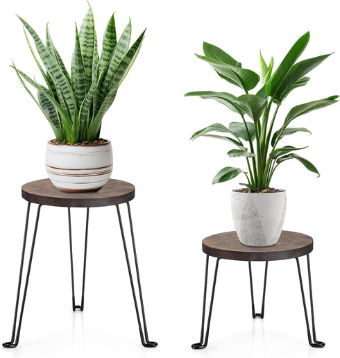 Yangbaga Wooden Plant Stands Indoor: 2Pack 11.81IN Round Planter Stands with Metal
