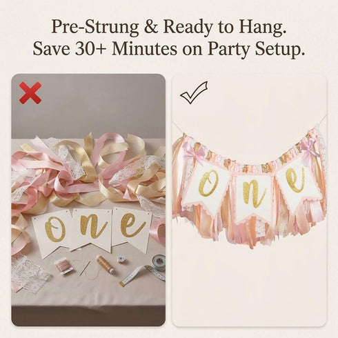 Q&High Life 1st Pre - strung Pink Highchair Banner - One Birthday Highchair Banner for Princess Girls ONE Baby Shower