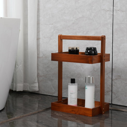 2 Countertop, Utoplike Teak Wood Shower Caddy Corner, Tier Bathroom Organizer Standing Shower Rack with Handle, Stand
