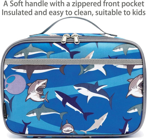 FlowFly Kids Lunch Box, Insulated Soft Bag Mini Cooler, Back to School Thermal Meal Tote Kit for Girls, Boys, Shark