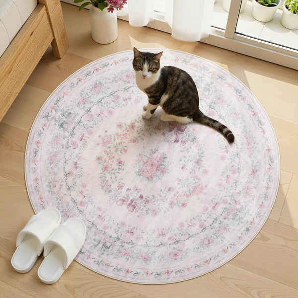 Wonnitar Bow Print Washable 4ft Round Rug, Pink Circle Rug for Girl