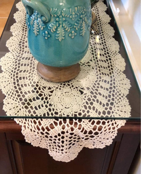 Damanni Oval Cotton Handmade Crochet Lace Table Runner Doilies, 15 Inch by 63 Inch, Beige