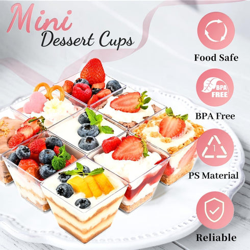 50 Pack 3.5 oz TOFLEN Plastic Dessert Cups with Spoons, Irregular Square Mini Dessert Bowls for Party Trifle, Yogurt