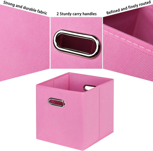 Fabric Cubby Storage Bins, Set of 3 - 13x13x13 Inches Foldable Organizer Bins with Dual Handles in Pink