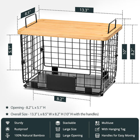 1 Pack Counter Stackable Storage Trash Bag Baskets with Bamboo Top, Large & Standard Trash, Garbage Bag Holder