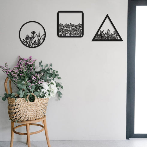 3 Pieces Geometry Wall Art, Dark Black Wooden Floral Wall Decor for Home Dining Room Christmas Favor