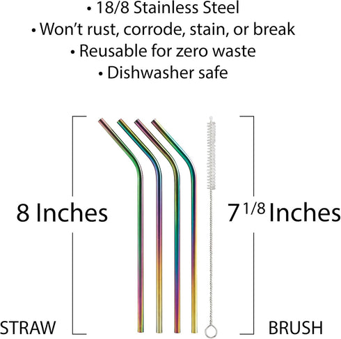 HIC Kitchen Reusable Rainbow Drinking Straws, 18/8 Stainless Steel, Set of 4 with Cleaning Brush