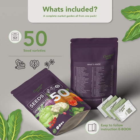 Pack 50 25,000 Garden Vegetable Seeds Pouch - Varieties of Vegetable, Herb & Flower Seeds for Planting - Non GMO
