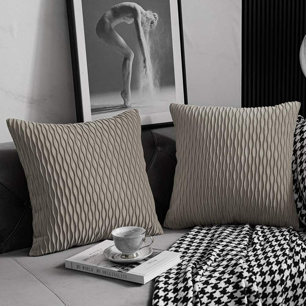 DEZENE Tan Throw Pillow Cases 22x22, 2 Pack Original Striped Velvet Square Decorative Pillow Covers for Farmhouse Couch