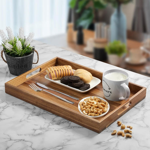 dreamkey 17 Inch Acacia Wood Serving Tray with Handles - Large Wooden Tray for Ottoman, Breakfast in Bed, Dinner