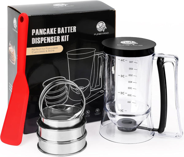 Fungyand Pancake Batter Dispenser - 4 Cups Complete Set with Muffin Rings, Spatula, Ideal Baking Tools for Pancakes