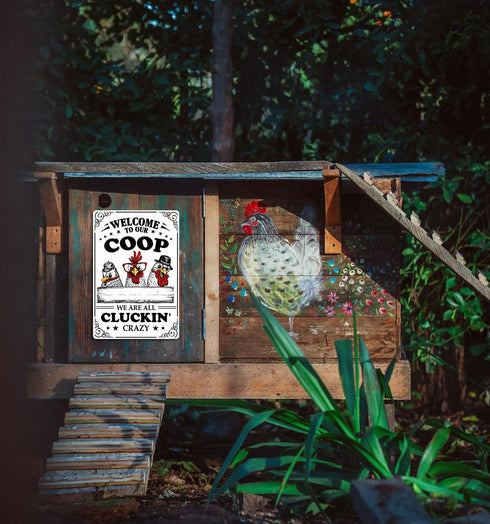 Funny Chicken Coop Sign - Welcome To Our Coop Metal Poster, Tin Signs for Home, Farmhouse, Garden, Kitchen 8x12 Inch