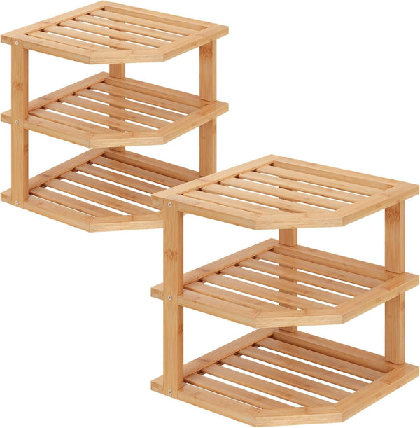 VERTORGAN 3 Tier Bamboo Corner Shelf(2 Pack),Plate Organizer,Dish Drying Rack,Kitchen Spice Rack