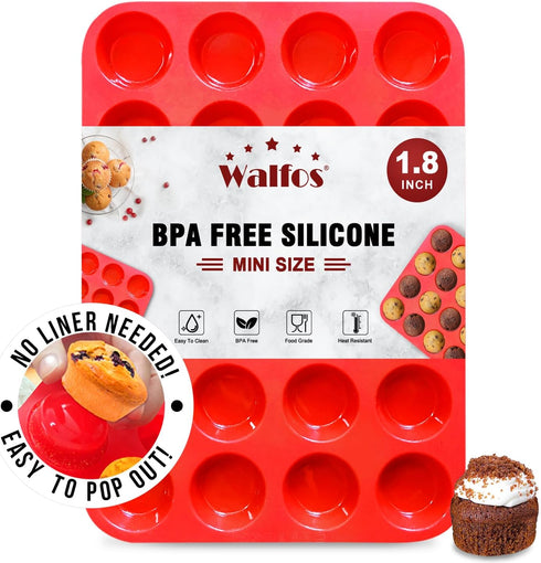 Walfos Mini Silicone Muffin Pan - 24 Cups, Non-stick Baking Pan, BPA Free and Dishwasher Safe