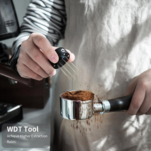 58mm Espresso Tamper with WDT Tool, Calibration Spring, Stainless Steel Flat and Spiral Bases, All-In-One Accessories