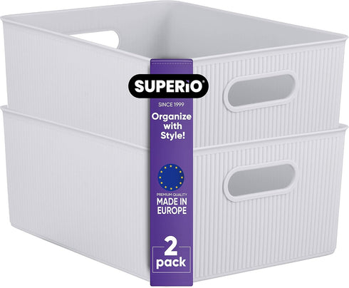 Superio Ribbed Collection - Decorative Plastic Open Home Storage Bins Organizer Baskets, Large White Smoke (2 Pack) for
