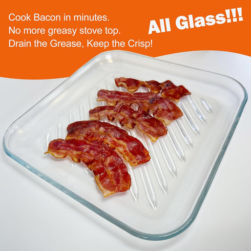9.84inch, Microwave Bacon Cooker Pan, Square Glass Bacon Tray for Microwave and Oven Cook Crispy Strips in Minutes, No