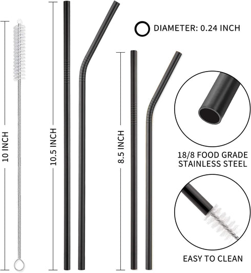 Hiware 12-Pack Black Stainless Steel Straws, Reusable with Case - Metal Drinking Straws for 30oz and 20oz Tumblers,
