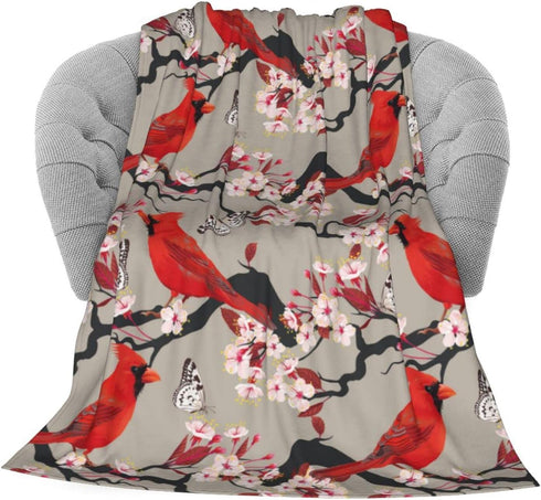 Red Cute Birds Cherry Flowers Soft Throw Blanket - 40x50 inch Lightweight Warm Flannel Fleece for Couch Bed