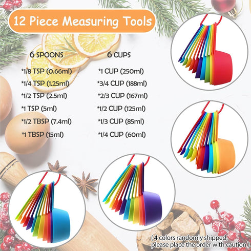 12 Piece Measuring Cups and Spoons Set, Colored Kitchen Measure Tools, Durable Nesting for Dry and Liquid