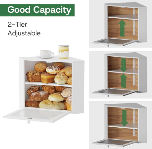 kiplant Countertop 2-Layer Corner Bread Box for Kitchen - Bamboo Wood, Wavy Acrylic Door, White Adjustable Bread