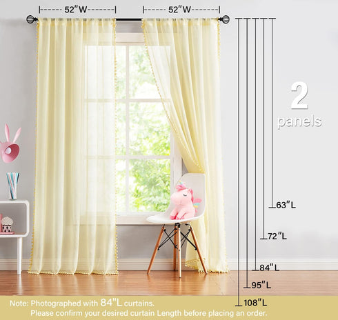 84 inch 2 Treatmentex Pom-pom Sheer Curtains for Living Room, Long Yellow Curtain Drapes for Kids Room Panels Rod