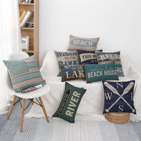 TRENDIN Welcome to Our Beach House Pillow Cover, 20x12 Inch Cotton Linen for Cabin Lodge Decor