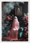 ADRHGCY Retro Pink Ghost Posters, Cute Horror Scary Wall Art, Ghost Figure Sitting on Weeds, 12x16in Unframed