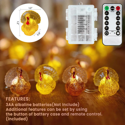 3D 8ft 20 JASHIKA Fall Harvest Turkey String Lights, Cute Decorative Lights Copper Wire LEDs Battery Powered