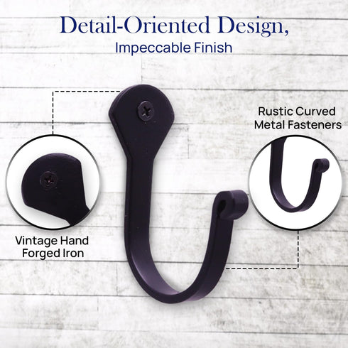 Single Prong Wrought Iron Hooks: Vintage Hand Forged Classic Hook Set, Rustic Curved Metal Fasteners, Set of 12