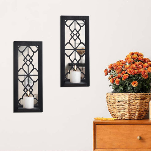 Set 2, Wood Wall Sconce Candle Holder Rustic, Wall-Mount, Farmhouse Hanging Wall Dcor, Carved Wood Frame, Mirrored