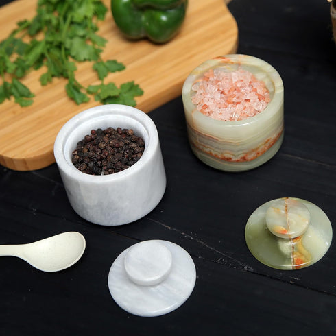Pack 2 01) Marble Salt Cellar With Lid- Of Marble Salt And Pepper Bowls- Salt Holder With Lid To Put Salt, Paprika