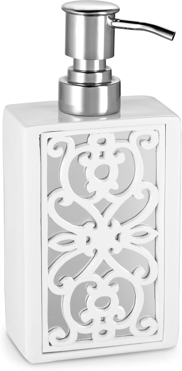 Creative Scents Janette White Hand Soap Dispenser - Mirrored Bathroom Lotion Dispenser for Countertop with Durable