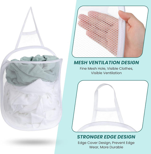 3 Pieces Hanging Laundry Hamper Bag, Foldable Mesh Hamper with Carry Handle for Dirty Cloth, Toy, Camping, Hotel Use