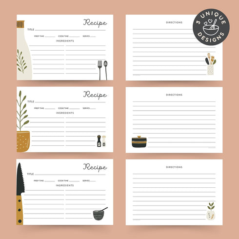 40 Recipe Cards for Recipe Box: Boho Kitchen Recipe Cards in 3 Designs for Weddings or Bridal Showers