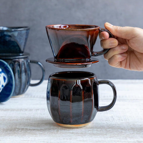 Asayu Japan Ceramic Coffee Pour Over Maker Set, Chocolate Brown, Slow Brewing Dripper with 3 Holes for Coffee & Tea