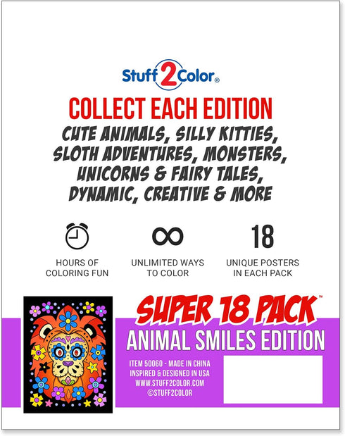 Stuff2Color Super Pack of 18 Fuzzy Velvet Coloring Posters (Animal Smiles) - Arts & Crafts for Kids and Group Activities