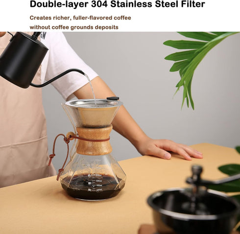 Pour Over Coffee Maker with Reusable Stainless Steel Filter, 27 oz Borosilicate Glass Carafe, Holds 4-6 Cups