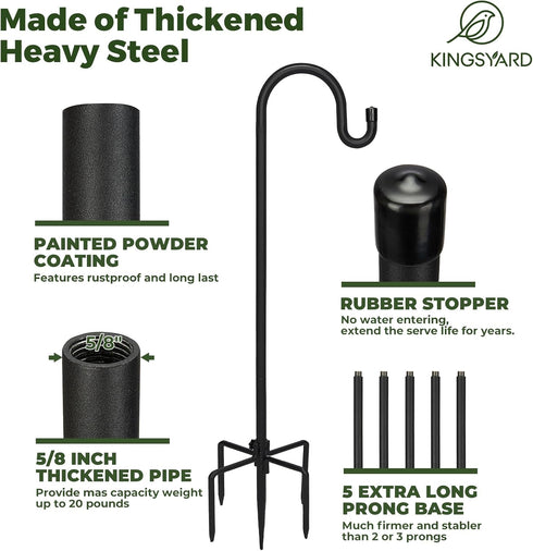 92 INCH 5 Hummingbird Kingsyard Adjustable Shepherd Hooks for Outdoor - Heavy Duty Bird Feeder Pole with Prong Base