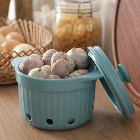 Countertop, HAOTOP Garlic Keeper with Lid, Ceramic Garlic Saver Container for Kitchen Decor (Turquoise)