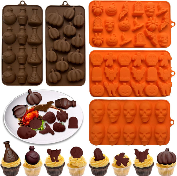 5PCS Halloween Themed Silicone Molds, 70 Cavity 3D Skeleton Pumpkin Ghost Bat Shapes for Baking