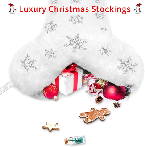 Malier Pet Dog Christmas Stocking, Large Faux Fur Bone Shape Hanging with Silver Snowflakes for Pets
