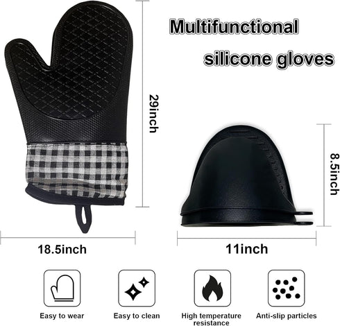 4pcs Set Oven Gloves and Pot Holder Set, Heat-Resistant 500 Degree, with Mini Oven Gloves and Insulation Clips, Non-Slip Food-Grade Long Oven Gloves, for Kitchen Baking by LSLCQW