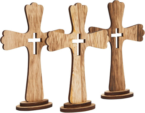 Juvale 3-Pack Wooden Cross Baptism Centerpieces, 6 x 2 x 9 In Brown Rustic Wood for Baptism Decor & First Communion