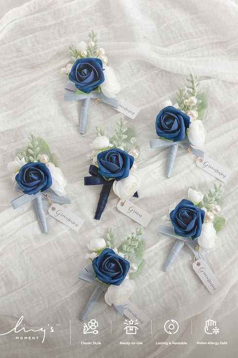Ling's Moment 6pcs Boutonniere for Men, Artificial Flowers for Wedding Decor/Prom/Homecoming, Navy Blue